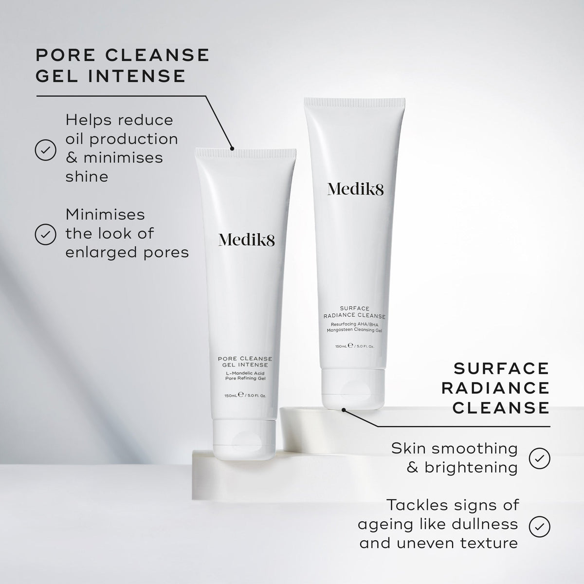 Pore Cleanse Gel Intense tube stands beside a Surface Radiance Cleanse tube. Text highlights the Pore Cleanse Gel Intense is for reducing oil production & minimises shine, and also minimises the look of enlarged pores. Surface Radiance Cleanse is for smoothing skin and brightening, and also tackles signs of ageing like dullness and uneven texture.