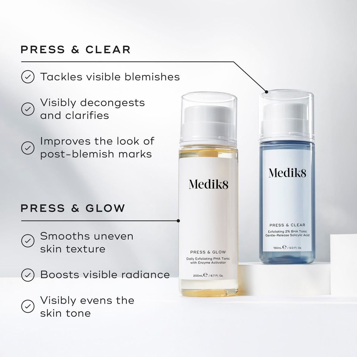 A comparison graphic featuring Medik8 Press & Glow and Press & Clear bottles. Text differentiates Press & Clear for tackling visible blemishes and Press & Glow for smoothing uneven skin texture.
