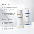 Medik8 Press & Glow and Press & Clear tonic bottles stand on white pedestals against a clean, bright background. Text lists benefits for  PRESS & CLEAR  as tackling visible blemishes, decongesting, and clarifying. Benefits for  PRESS & GLOW  include smoothing uneven skin texture, boosting visible radiance, and visibly evening skin tone.