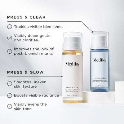 Medik8 Press & Glow and Press & Clear tonic bottles stand on white pedestals against a clean, bright background. Text lists benefits for  PRESS & CLEAR  as tackling visible blemishes, decongesting, and clarifying. Benefits for  PRESS & GLOW  include smoothing uneven skin texture, boosting visible radiance, and visibly evening skin tone.