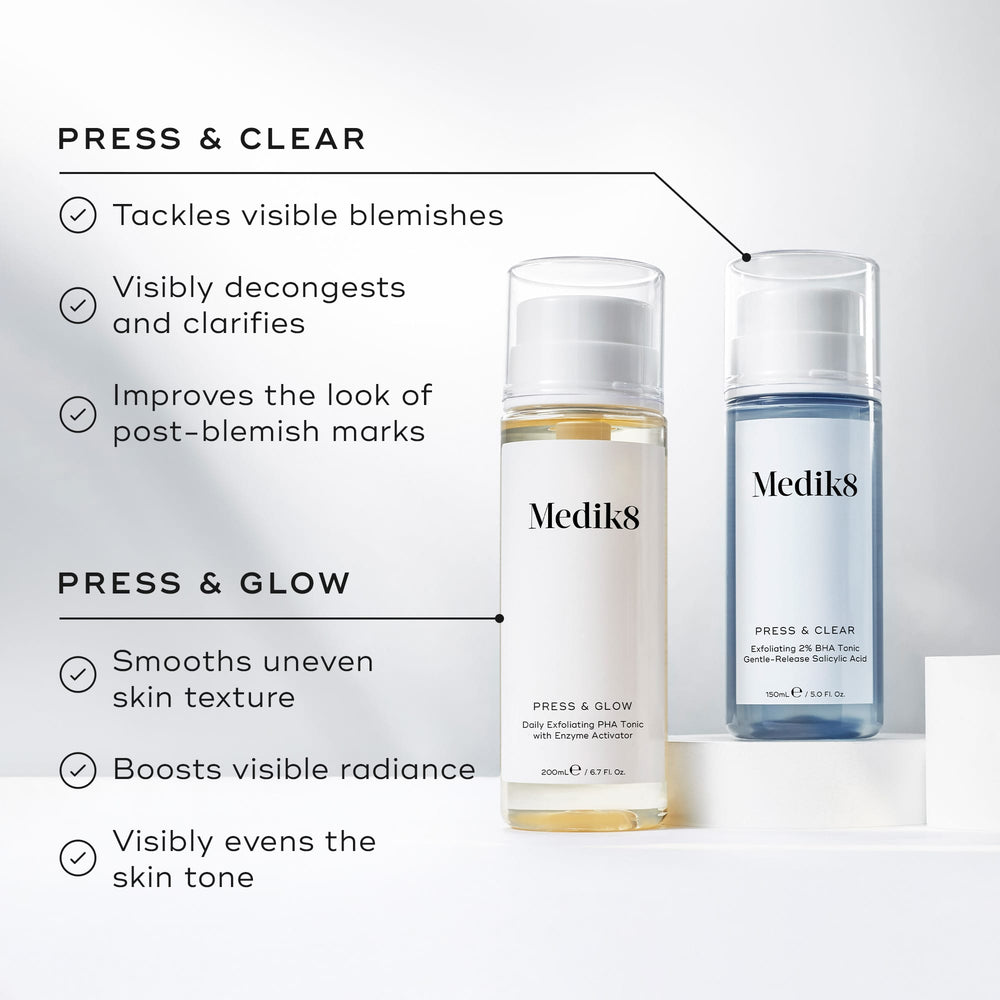 Medik8 Press & Glow and Press & Clear tonic bottles stand on white pedestals against a clean, bright background. Text lists benefits for  PRESS & CLEAR  as tackling visible blemishes, decongesting, and clarifying. Benefits for  PRESS & GLOW  include smoothing uneven skin texture, boosting visible radiance, and visibly evening skin tone.