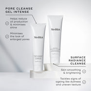 Medik8 Pore Cleanse Gel Intense and Surface Radiance Cleanse tubes displayed together on white blocks. Text for Pore Cleanse Gel Intense notes it helps reduce oil, minimise shine, and the look of enlarged pores. Text for Surface Radiance Cleanse highlights skin smoothing, brightening, and tackling signs of ageing like dullness and uneven texture.