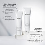 Medik8 Pore Cleanse Gel Intense and Surface Radiance Cleanse tubes displayed together on white blocks. Text for Pore Cleanse Gel Intense notes it helps reduce oil, minimise shine, and the look of enlarged pores. Text for Surface Radiance Cleanse highlights skin smoothing, brightening, and tackling signs of ageing like dullness and uneven texture.