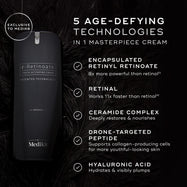 Medik8 r-Retinoate Intense cream bottle against a dark feathered background. Text highlights 5 age-defying technologies: Encapsulated Retinyl Retinoate, Retinal, Ceramide Complex, Drone-Targeted Peptide, and Hyaluronic Acid.