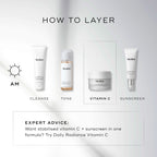 "Medik8 layering guide titled  HOW TO LAYER  on a clean white background with soft light rays. An AM sun icon indicates a four-step morning routine, with the third step highlighted in a dashed box:

CLEANSE: Medik8 Surface Radiance Cleanse tube.

TONE: Medik8 Press & Glow bottle.

VITAMIN C: Medik8 C-Tetra Cream jar.

SUNSCREEN: Medik8 Advanced Day Ultimate Protect tube. A dashed box at the bottom provides  EXPERT ADVICE  suggesting Daily Radiance Vitamin C for those wanting stabilised vitamin C and sunscre
