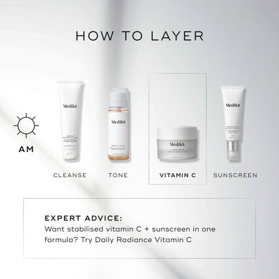 "Medik8 layering guide titled  HOW TO LAYER  on a clean white background with soft light rays. An AM sun icon indicates a four-step morning routine, with the third step highlighted in a dashed box:

CLEANSE: Medik8 Surface Radiance Cleanse tube.

TONE: Medik8 Press & Glow bottle.

VITAMIN C: Medik8 C-Tetra Cream jar.

SUNSCREEN: Medik8 Advanced Day Ultimate Protect tube. A dashed box at the bottom provides  EXPERT ADVICE  suggesting Daily Radiance Vitamin C for those wanting stabilised vitamin C and sunscre