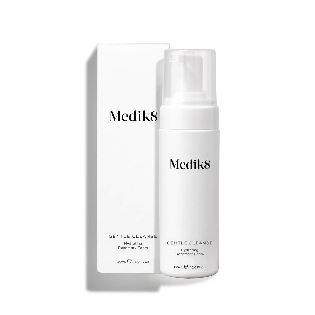 A Medik8 Gentle Cleanse pump bottle standing next to its white packaging box on a white background. Text on the bottle identifies it as a  Hydrating Rosemary Foam. 