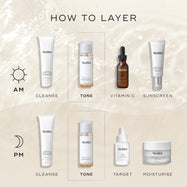 An infographic titled “HOW TO LAYER” displays a Medik8 skincare routine for AM and PM against a neutral water-textured background. Sun and moon icons indicate the time of use. The Medik8 Press & Glow bottle is highlighted in dashed boxes under the “TONE” step for both routines. Other steps include  CLEANSE,   VITAMIN C,   SUNSCREEN,   TARGET,  and  MOISTURISE. 