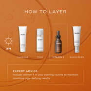 Medik8 layering guide titled  HOW TO LAYER  set against a vibrant orange background with translucent serum bubbles. An AM sun icon indicates a four-step morning routine, with the third step highlighted in a white dashed box:

CLEANSE: Medik8 Surface Radiance Cleanse tube.

TONE: Medik8 Press & Glow bottle.

VITAMIN C: Medik8 Super C Ferulic serum bottle.

SUNSCREEN: Medik8 Advanced Day Ultimate Protect tube.

A dashed box at the bottom provides  EXPERT ADVICE  to include vitamin A in your evening routine