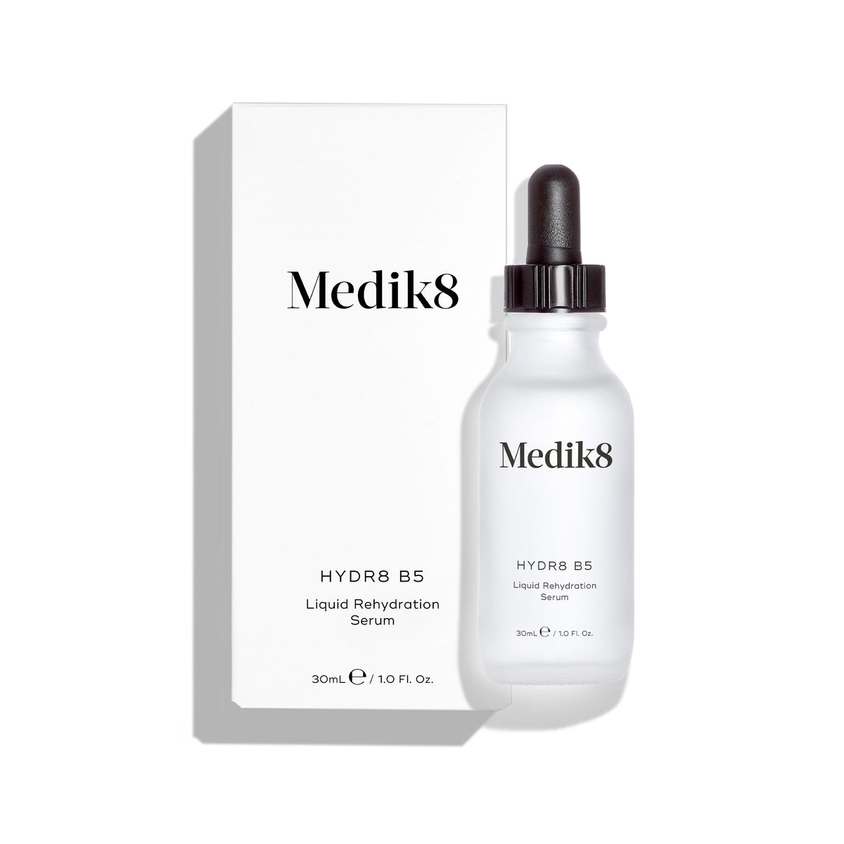 Medik8 Hydr8 B5 serum bottle stands in front of its matching white product carton on a clean white background. Text on both identifies the product as a 30mL  Liquid Rehydration Serum. 