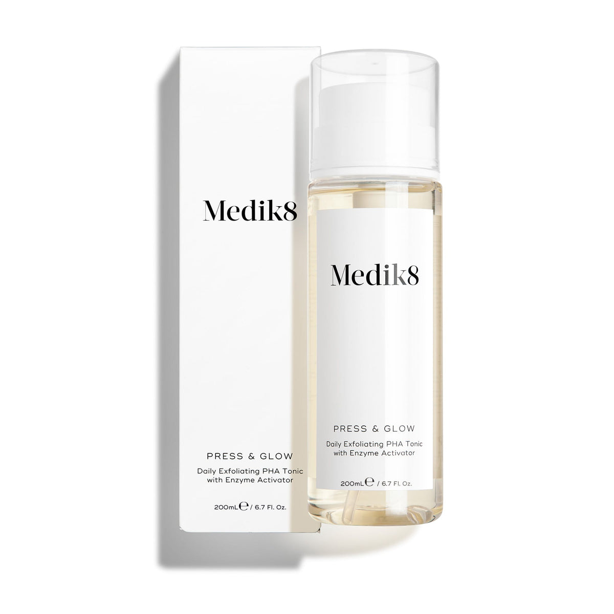 Medik8 Press & Glow tonic bottle stands in front of its matching white product carton on a clean white background. Text on both identifies the product as a 200mL  Daily Exfoliating PHA Tonic with Enzyme Activator. 