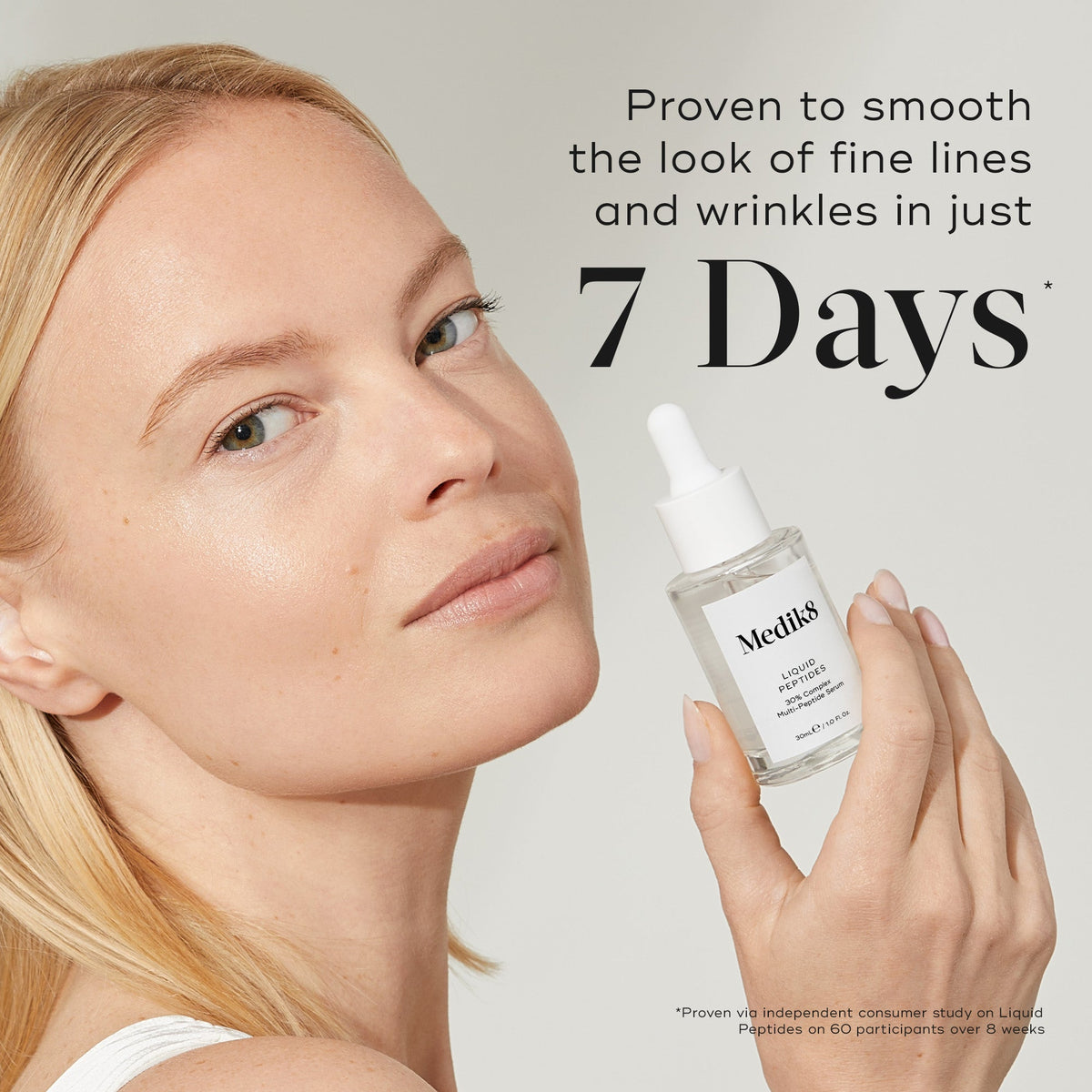 A woman holds a bottle of Liquid Peptides serum. Text on the right states,  Proven to visibly boost skin plumpness in 7 Days*.  A footnote states this is from an independent consumer study.