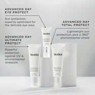 Medik8 Advanced Day Eye Protect, Advanced Day Ultimate Protect, and Advanced Day Total Protect tubes displayed on white cylindrical plinths against a grey background. Text for Advanced Day Eye Protect notes SPF 30 protection optimized for the delicate eye area. Text for Advanced Day Ultimate Protect highlights SPF 50+ protection, a DNA repair enzyme, and a 360° environmental shield. Text for Advanced Day Total Protect describes it as lightweight SPF 30 protection with a 360° environmental shield.