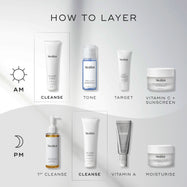  A  HOW TO LAYER  diagram. The AM routine includes Cleanse (Medik8 Surface Radiance Cleanse), Vitamin C (Medik8 C-Tetra Luxe), Target (Medik8 Liquid Peptides Advanced MP), and Sunscreen (Medik8 Advanced Day Total Protect). The PM routine features Cleanse (Medik8 Lipid-Balance Cleansing Oil), Target (Medik8 Liquid Peptides Advanced MP), Vitamin A (Medik8 Crystal Retinal), and Moisturise (Medik8 Advanced Night Restore).