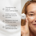 List of benefits appears next to a model holding the Medik8 Advanced Night Eye jar. Text claims the cream transforms tired eyes, smooths fine lines, brightens, and deeply nourishes the delicate eye area.