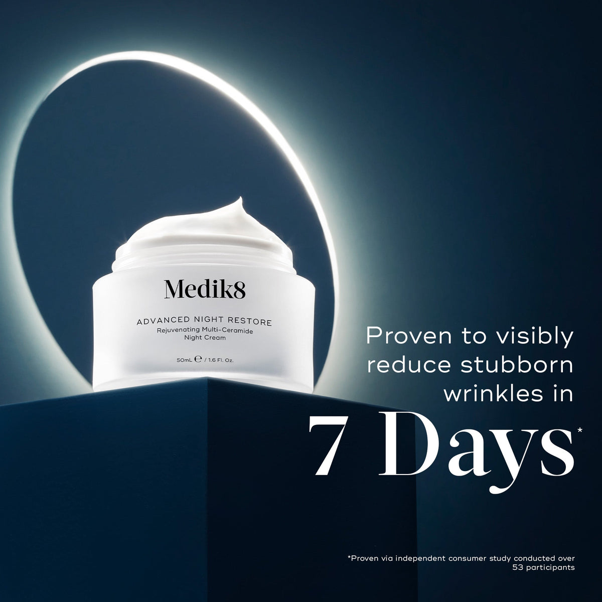 Medik8 Advanced Night Restore cream jar placed on a dark blue plinth with a glowing light ring behind it. Text highlights  Proven to visibly reduce stubborn wrinkles in 7 Days*  based on an independent consumer study.
