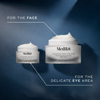 Comparison image shows Medik8 Advanced Night Eye jar alongside the larger Advanced Night Restore jar. Text designates the smaller jar  For the delicate eye area  and the larger  For the face .