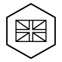 A minimalist Medik8 brand badge featuring a clean line-art Union Jack flag icon inside a black hexagon. Accompanying text to the right reads 'MADE IN THE UK'.