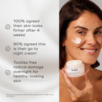 A model applies Medik8 Advanced Night Restore, smiling with a dab of cream on her cheek while holding the jar. Text lists benefits including  100% agreed their skin looks firmer after 4 weeks*  and  90% agreed this is their go to night cream. 