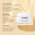 Medik8 Daily Radiance Vitamin C open jar displayed against a warm gold background with ingredient callouts. Text highlights 7% Vitamin C (Tetrahexyldecyl Ascorbate) for antioxidant protection and collagen support, Premium UV Filters for UVA and UVB protection, and Vitamin E to nourish the skin and boost antioxidant power.