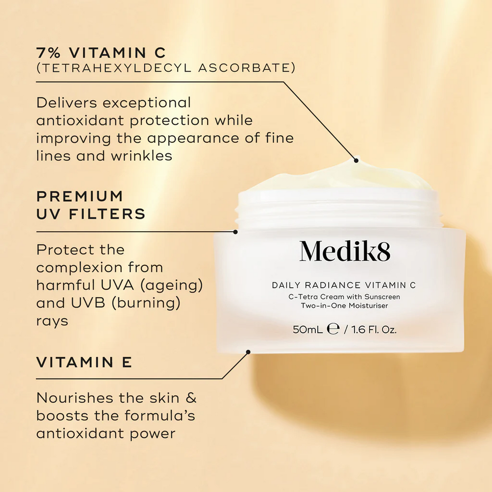 Medik8 Daily Radiance Vitamin C open jar displayed against a warm gold background with ingredient callouts. Text highlights 7% Vitamin C (Tetrahexyldecyl Ascorbate) for antioxidant protection and collagen support, Premium UV Filters for UVA and UVB protection, and Vitamin E to nourish the skin and boost antioxidant power.