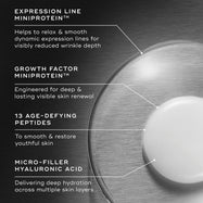 A close-up of the texture of the Liquid Peptides Advanced MP with text callouts detailing its ingredients. EXPRESSION LINE MINIPROTEIN™ ,GROWTH FACTOR MINIPROTEIN, 13 AGE-DEFYING PEPTIDES and MICRO-FILLER HYALURONIC ACID