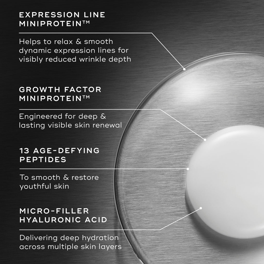 A close-up of the texture of the Liquid Peptides Advanced MP with text callouts detailing its ingredients. EXPRESSION LINE MINIPROTEIN™ ,GROWTH FACTOR MINIPROTEIN, 13 AGE-DEFYING PEPTIDES and MICRO-FILLER HYALURONIC ACID