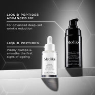 Comparison between LIQUID PEPTIDES ADVANCED MP  (in a black bottle with a pump), for advanced deep-set wrinkle reduction and LIQUID PEPTIDES  (in a white dropper bottle) is for visibly plumps & smooths the first signs of ageing.