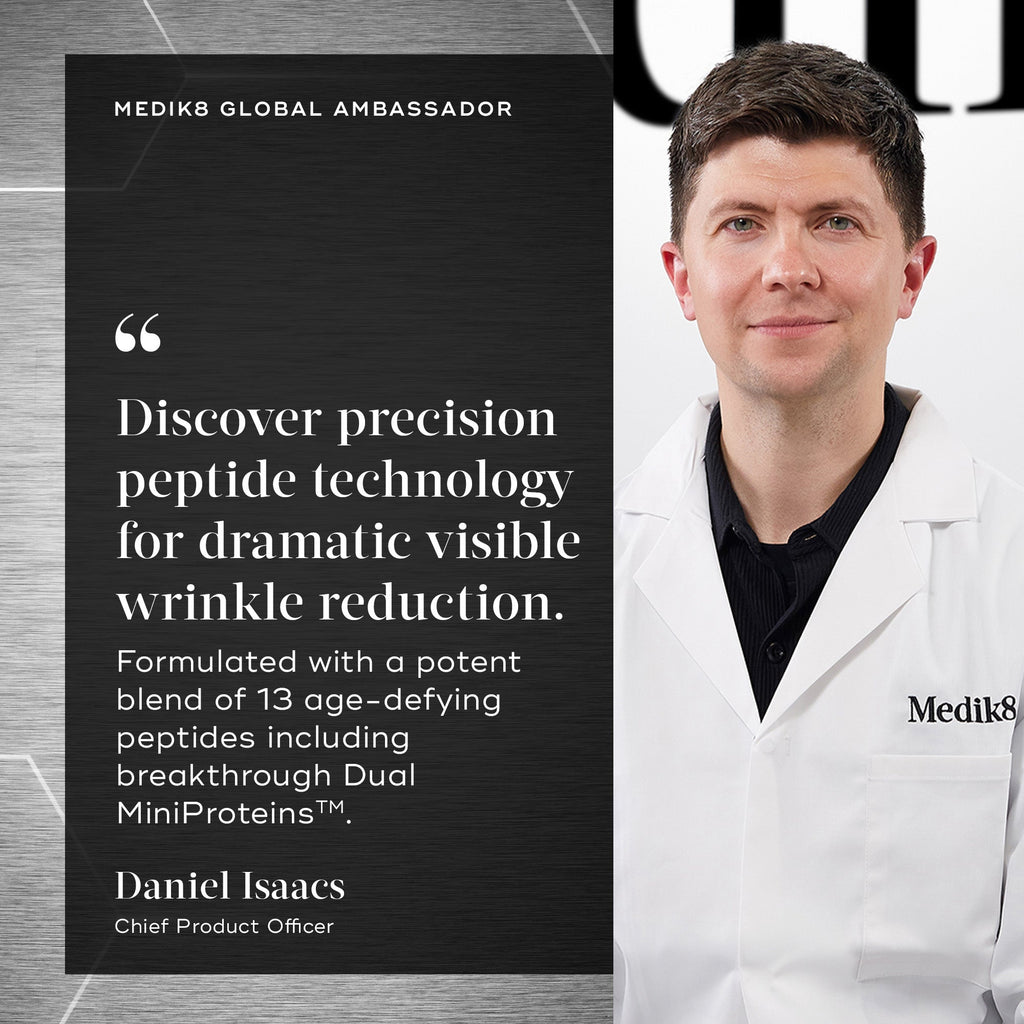 Daniel Isaacs, Chief Product Officer for Medik8 is shown with a quote stating:  Discover precision peptide technology for dramatic wrinkle reduction. Formulated with a potent blend of 13 age-defying peptides including breakthrough Dual MiniProteins™. 