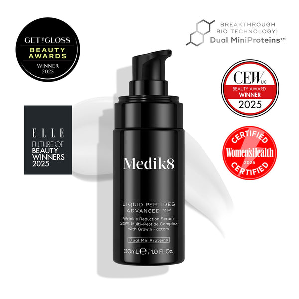 Medik8 Liquid Peptides Advanced MP serum bottle with awards on a white background