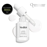 A clear glass dropper bottle of Liquid Peptides serum is presented, with its dropper removed and resting beside it and serum droplets, showing the texture