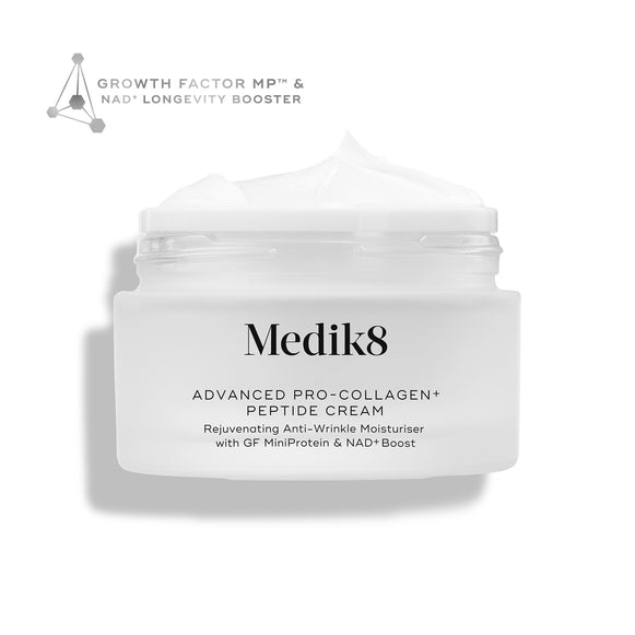 Medik8 Advanced Pro-Collagen+ Peptide Cream jar stands against a clean white background, with the open top revealing a rich white cream texture. Text on the jar highlights "Rejuvenating Anti-Wrinkle Moisturiser with GF MiniProtein & NAD+ Boost," while a geometric graphic in the corner reads "Growth Factor MP™ & NAD+ Longevity Booster."-1