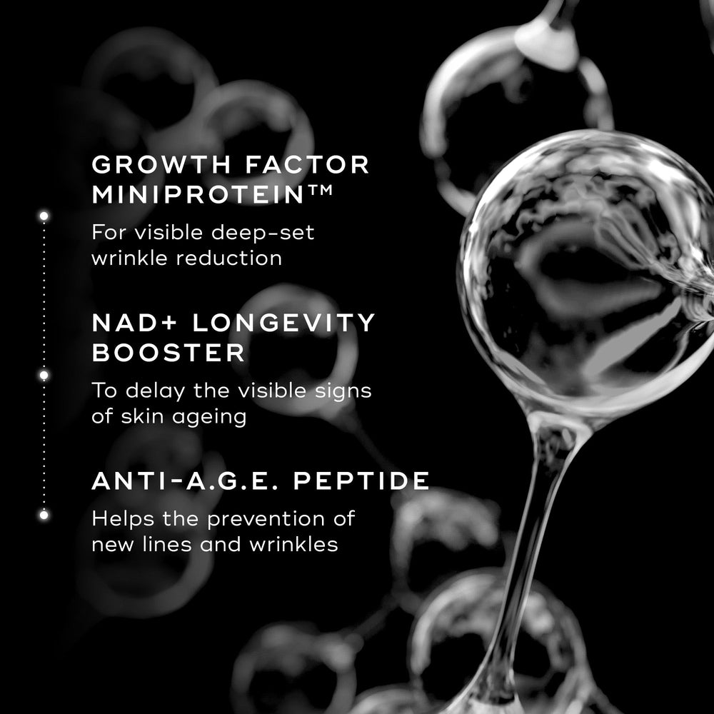 1 Abstract cellular graphics on a black background highlighting key ingredients for Medik8 Advanced Pro-Collagen+ Peptide Cream. Text details the benefits of Growth Factor Miniprotein, NAD+ Longevity Booster, and Anti-A.G.E. Peptide for wrinkle reduction.