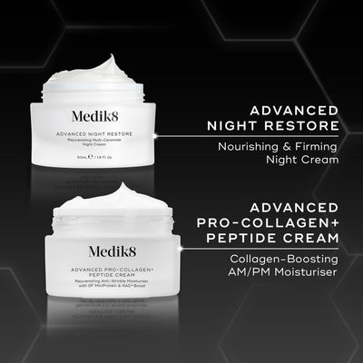 Comparison of Medik8 Advanced Night Restore and Advanced Pro-Collagen+ Peptide Cream jars displayed side-by-side against a black background. Text contrasts the nourishing PM formula of Night Restore with the new lightweight AM/PM Pro-Collagen+ formula, highlighting its ability to increase collagen production and reduce deep-set wrinkles.