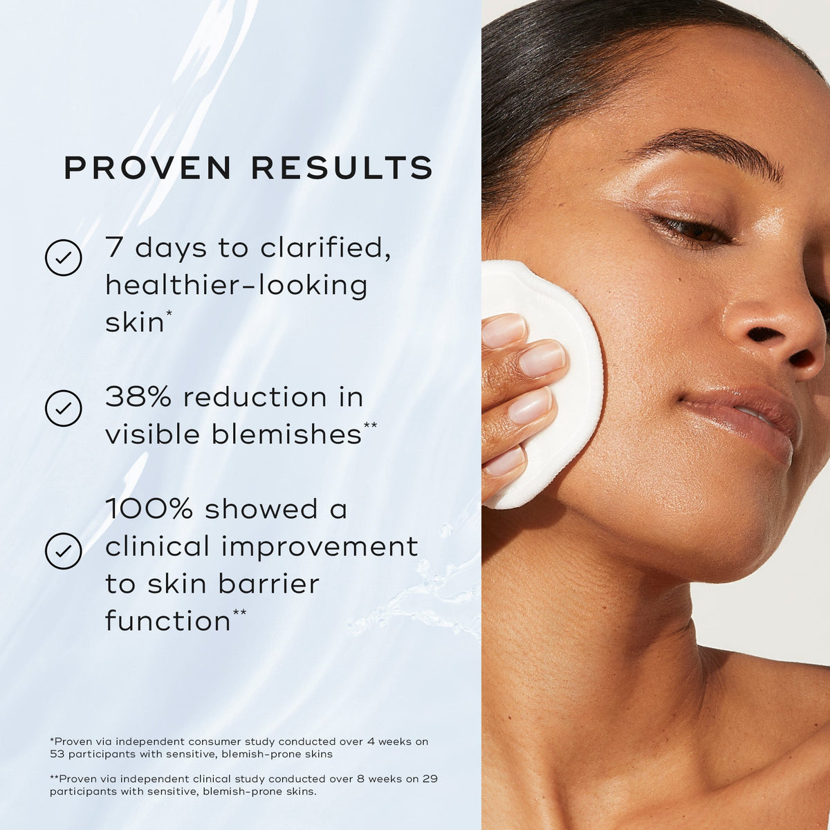 A model applies toner with a cotton pad alongside text listing  Proven Results,  including  7 days to clarified, healthier-looking skin*  and  38% reduction in visible blemishes** .