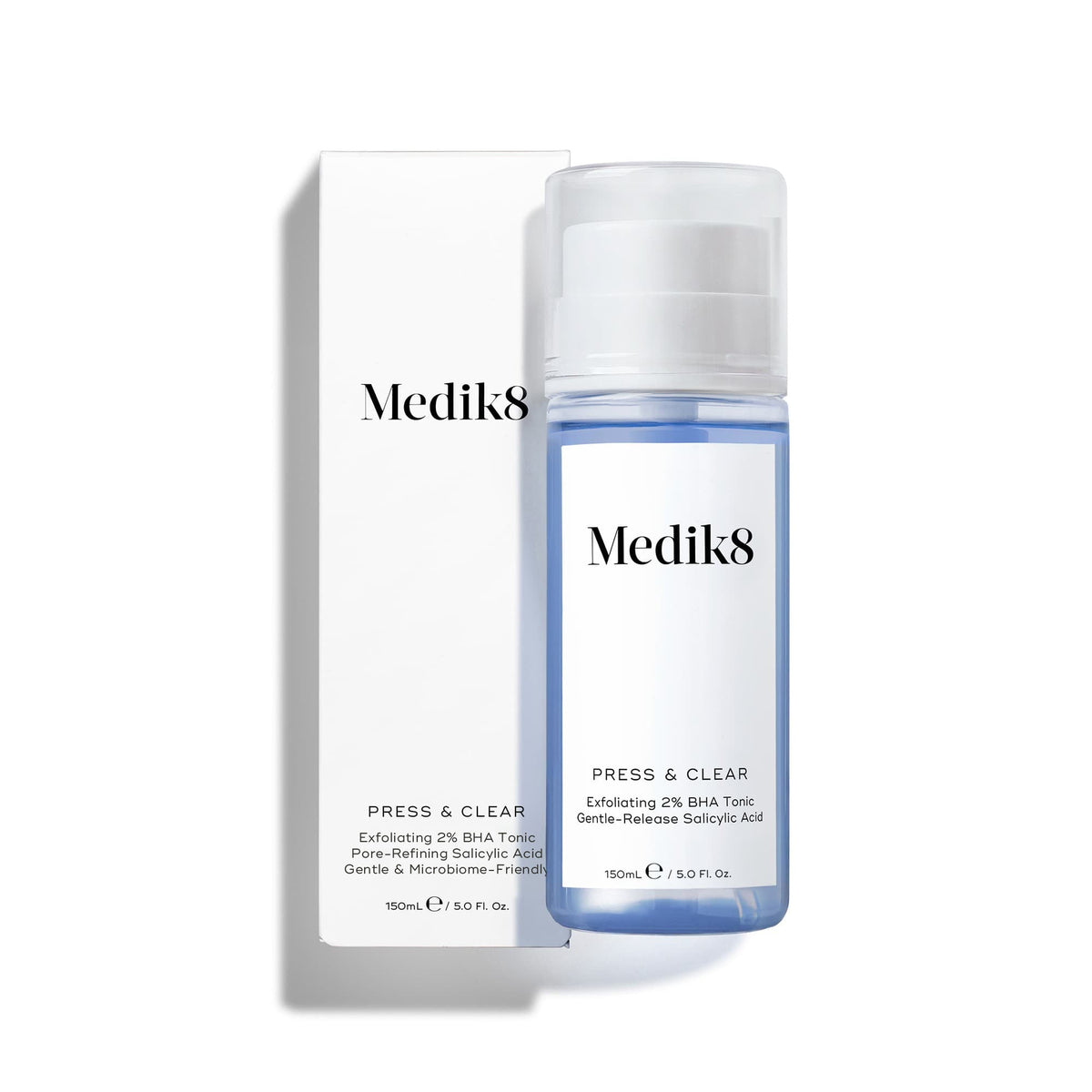 Medik8 Press & Clear bottle containing blue liquid standing next to its white box. Text identifies it as an  Exfoliating 2% BHA Tonic  with  Gentle-Release Salicylic Acid. 