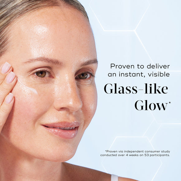 A close-up of a model applying serum to her cheek, displaying a radiant complexion. Text reads "Proven to deliver an instant, visible Glass-like Glow*".-hover-4