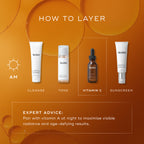 "Medik8 layering guide titled  HOW TO LAYER  on a warm orange background with bubble-like graphics. An AM sun icon indicates a morning routine consisting of four steps, with the third step highlighted in a white dashed box. The featured products and steps are:
CLEANSE: Medik8 Surface Radiance Cleanse tube.TONE: Medik8 Press & Glow bottle.VITAMIN C: Medik8 C-Tetra Luxe serum bottle.SUNSCREEN: Medik8 Advanced Day Ultimate Protect tube.
A dashed box at the bottom provides  EXPERT ADVICE 
