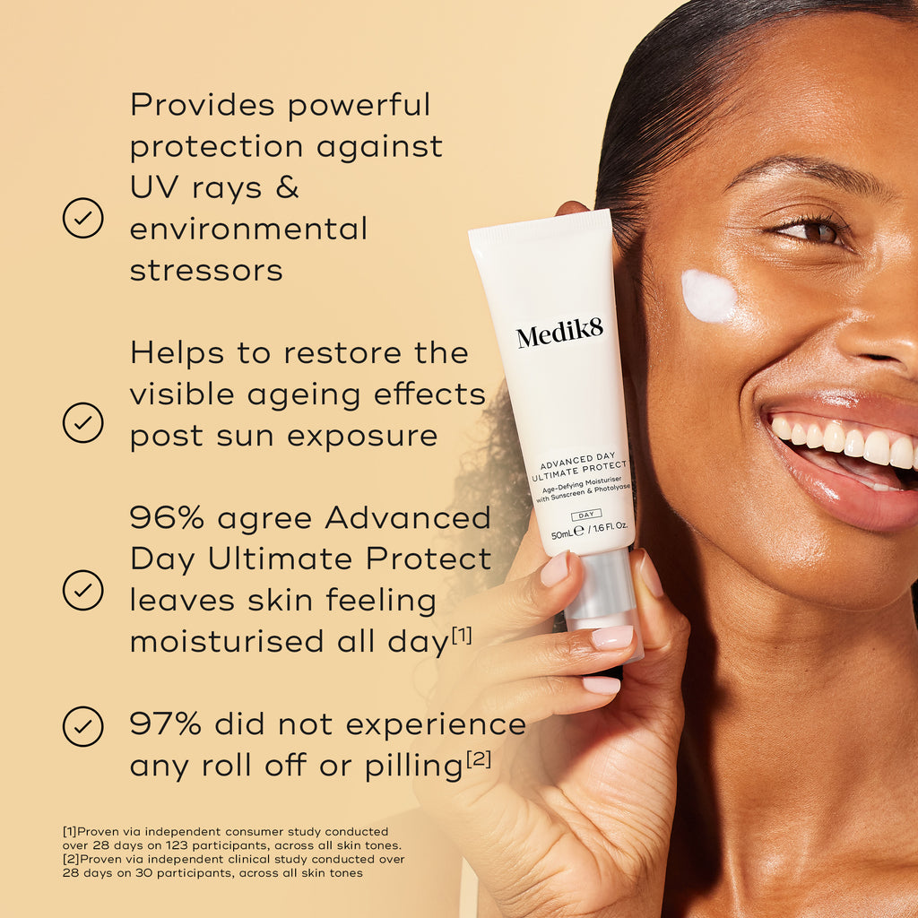 Medik8 Advanced Day Ultimate Protect cream tube is held by a smiling model with a swipe of white cream on her cheek against a warm beige background. Text highlights four key benefits: powerful protection against UV rays and environmental stressors, DNA damage repair following UV exposure, 94% agree it feels like a moisturizer, and 100% experienced no roll-off or pilling.