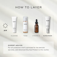 An info graphic titled "HOW TO LAYER" displaying a four-step morning routine: Cleanse (Surface Radiance Cleanse), Tone (Press & Glow), Vitamin C (C-Tetra Luxe), and Sunscreen (Advanced Day Ultimate Protect). Expert advice at the bottom suggests adding Advanced Day Eye Protect to the routine for delicate eye area protection.