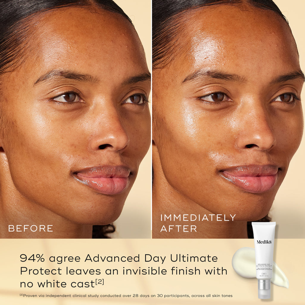 A before and after comparison of a participant’s face, demonstrating an invisible finish. Text states the product is "Proven to deliver an invisible finish on all skin tones." An image of a white tube of Advanced Day Ultimate Protect with a dollop of cream is shown in the corner.