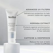 Advanced Day Eye Protect tube stands on a white pedestal. Text highlights Advanced UV Filters protection, Moringa Extract to protect against environmental stressors, and Caffeine & Hesperidin to reduce dark circles and puffiness.
