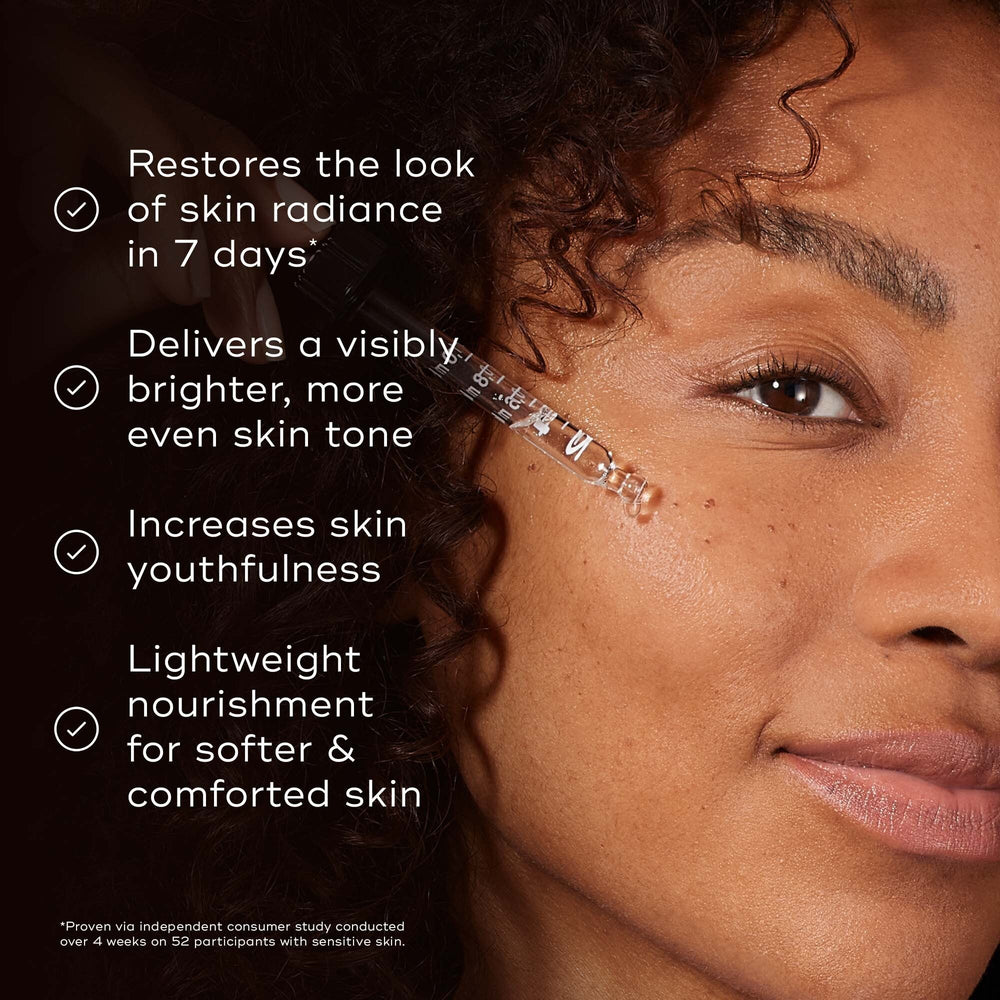 "A model with a radiant complexion is shown in a close-up, with a list of clinically proven benefits for Medik8 C-Tetra Luxe displayed on the left. The benefits include:

Give skin a healthy glow after just 1 use*

Reduce the look of wrinkles & hyperpigmentation in 4 weeks*

Visibly brightens & provides deep nourishment

A footnote at the bottom specifies these results are  Proven via independent clinical study on C-Tetra Luxe conducted over 4 weeks on 36 participants ."