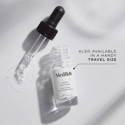 A small clear glass bottle (8mL) of Medik8 Liquid Peptides serum, with its dropper resting beside it. Text indicates it's  ALSO AVAILABLE IN A HANDY TRAVEL SIZE.