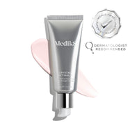 A silver tube of Crystal Retinal 1 is displayed, with a pink cream swatch to its right. A WORLD FIRST PATENTED TECHNOLOGY seal and a DERMATOLOGIST RECOMMENDED icon are shown. 