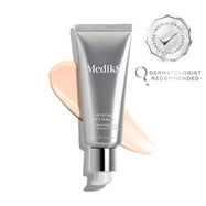 A silver tube of Crystal Retinal 3 is displayed, with a pink swatch. A WORLD FIRST PATENTED TECHNOLOGY seal and a DERMATOLOGIST RECOMMENDED icon are shown. 