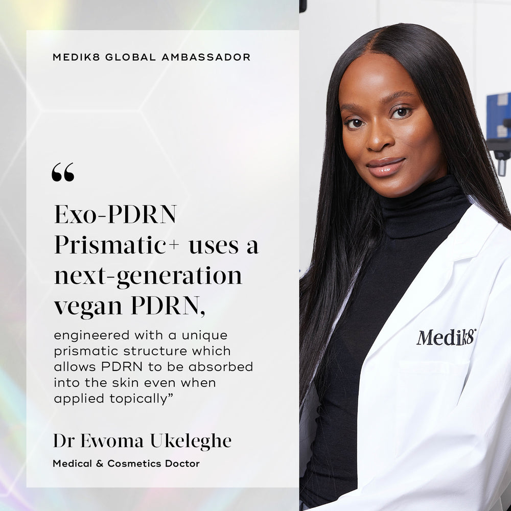 A portrait of Dr. Ewoma Ukeleghe, wearing a Medik8 lab coat, with the title "AMBASSADRICE MONDIALE MEDIK8". A quote reads: "Exo-PDRN Prismatic+ uses a next-generation vegan PDRN, designed with a unique prismatic structure that allows the PDRN to be absorbed by the skin even when applied topically."
