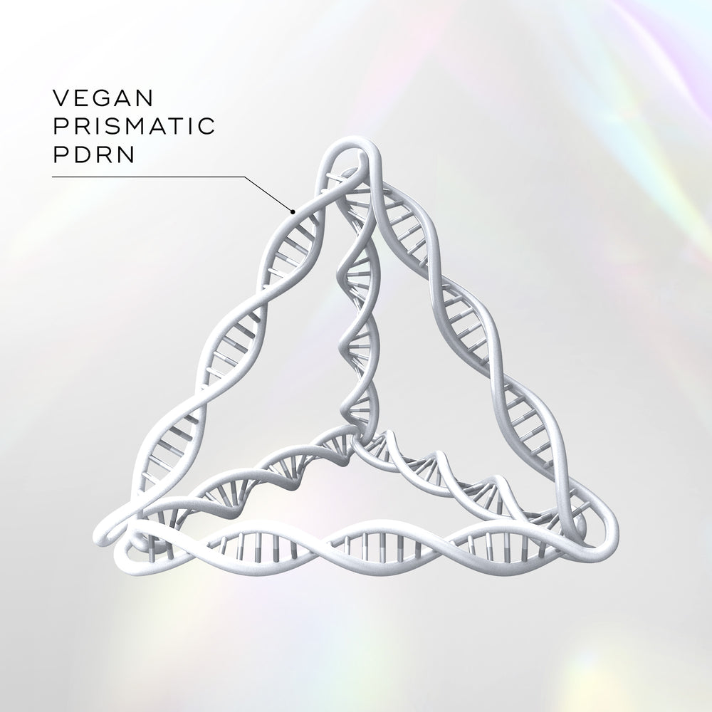 Vegan prismatic PDRN design on a light background