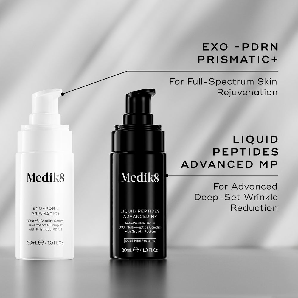 Two Medik8 serums are compared side-by-side against a background with hexagonal patterns. On the left, the white EXO-PDRN Prismatic+ bottle is shown for morning and night use to achieve overall and visible skin rejuvenation. On the right, the black Liquid Peptides Advanced MP bottle is shown for morning and night use to visibly reduce deep wrinkles.
