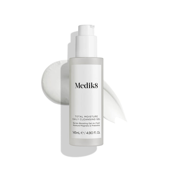 Medik8 Total Moisture Daily Cleansing Gel packshot displayed against a clean white background, highlighting the product bottle and minimalist packaging-1
